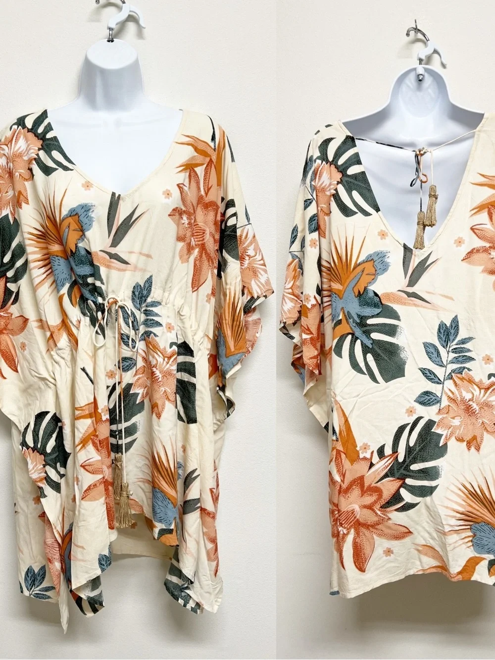 Z & L Womens Tropical Palm Print Shell Beaded Coverup Kaftan Tunic Size Medium